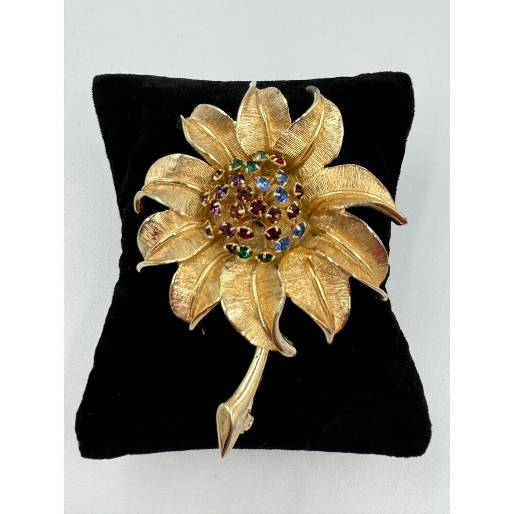 Vintage‎ Judy Lee Goldtone Rhinestone Wire Flower Brooch Estate Jewelry